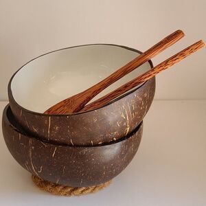 White Laquer Coconut bowls With Spoons & Rope Stand, handmade, natural